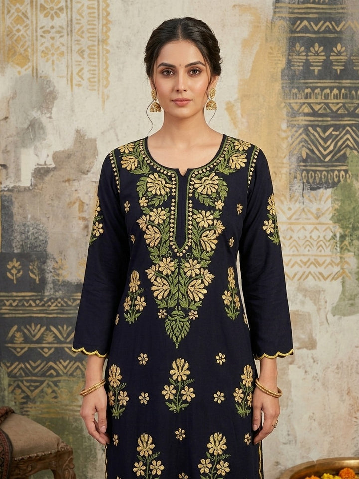 Women Hand Embroidered Chikankari Rayon Kurta Set With Cut Work PC4132KS Yellow
