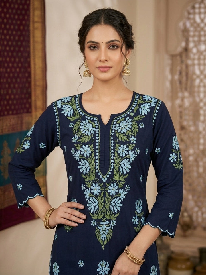 Women Hand Embroidered Chikankari Rayon Kurta Set With Cut Work PC4132KS Seagreen