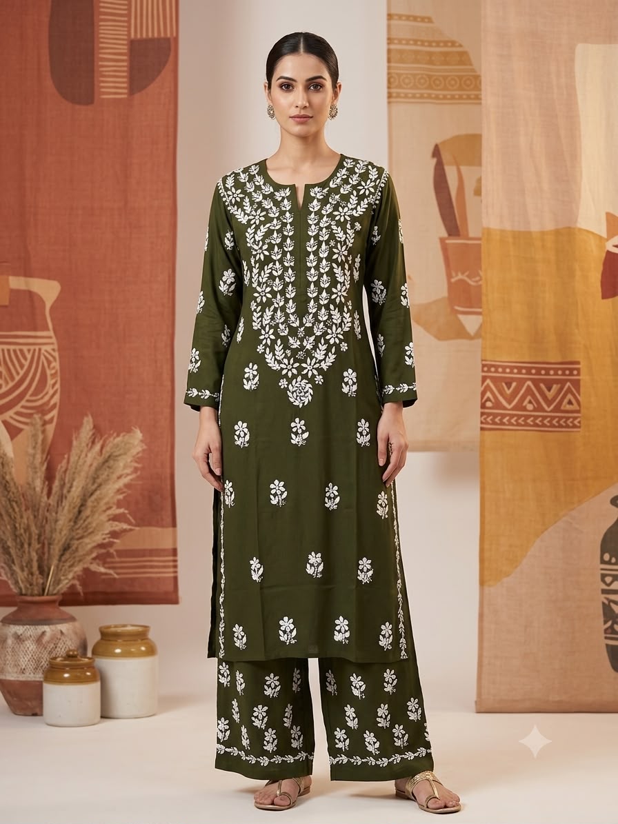 Hand Embroidered Rayon Chikankari Kurta Set PC4134KS