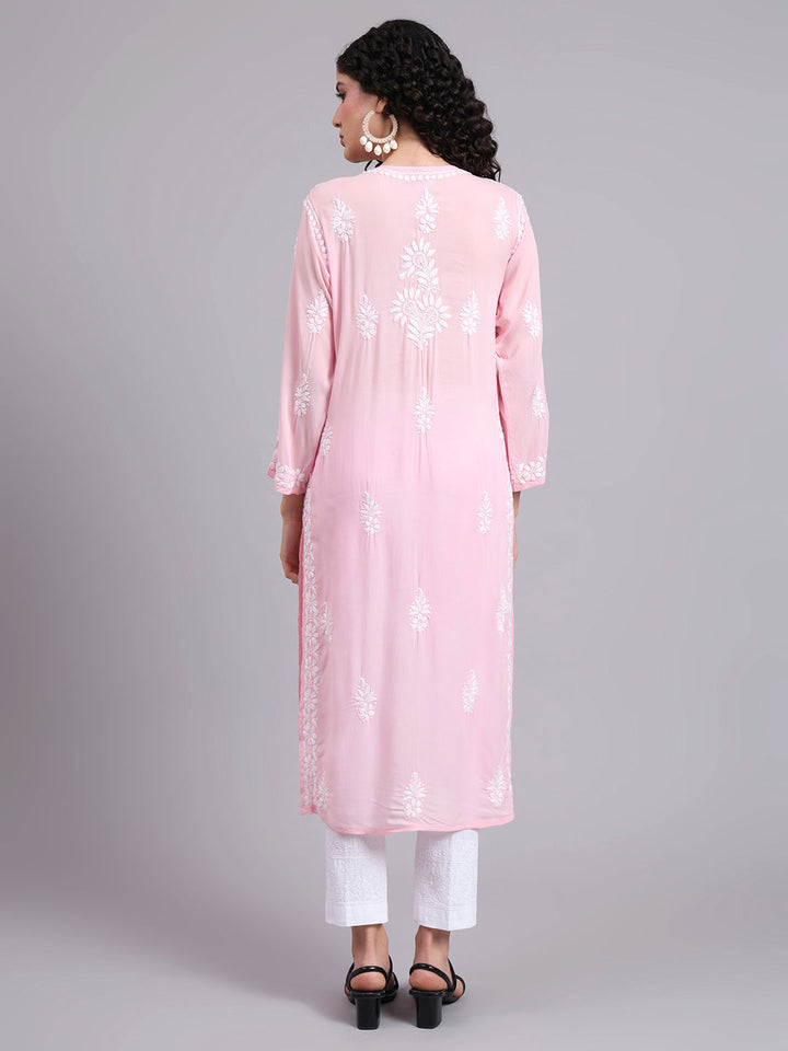 Hand Embroidered Chikankari Modal Straight Kurta- PC4042 Pink