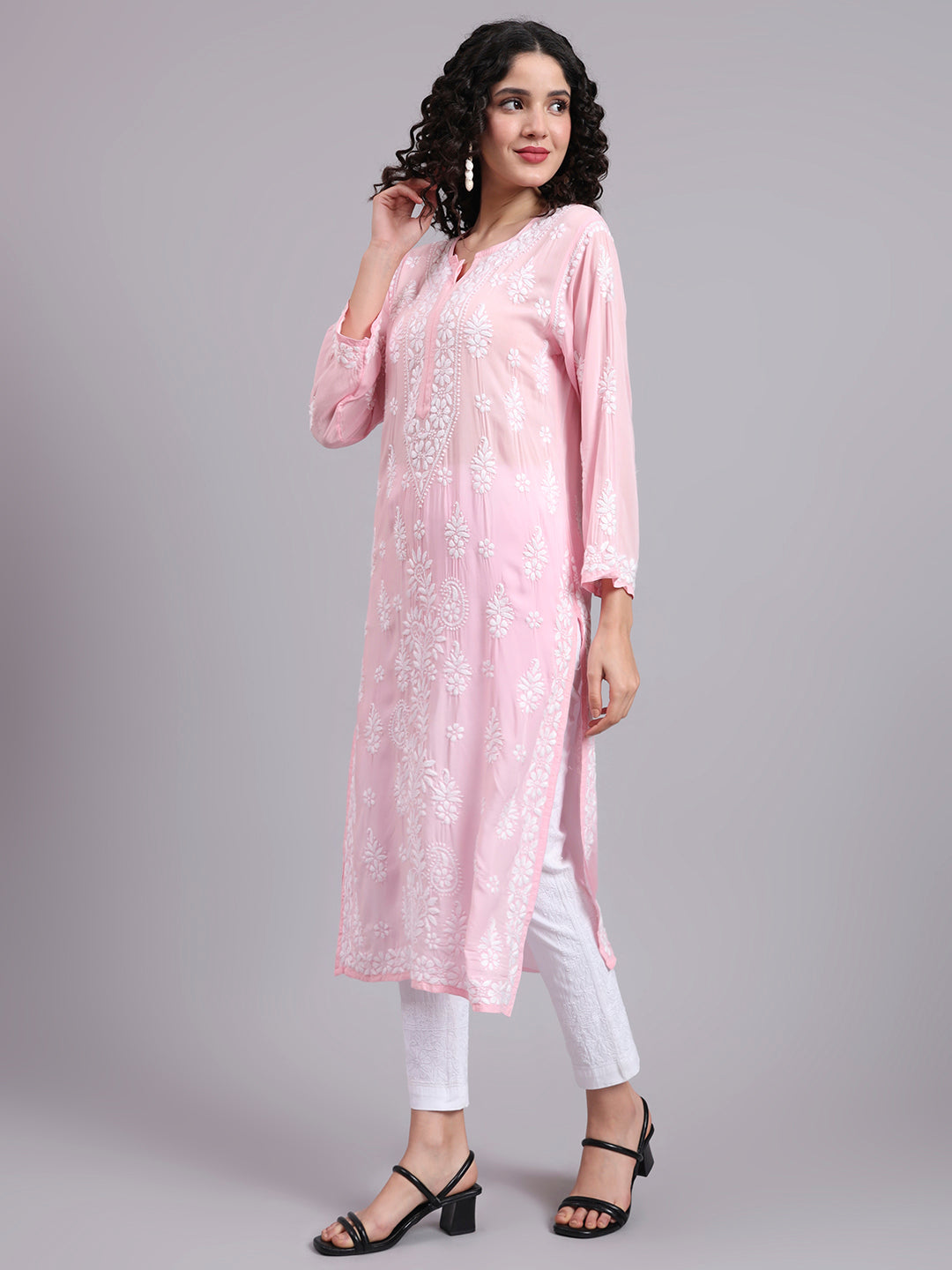 Hand Embroidered Chikankari Modal Straight Kurta- PC4042 Pink
