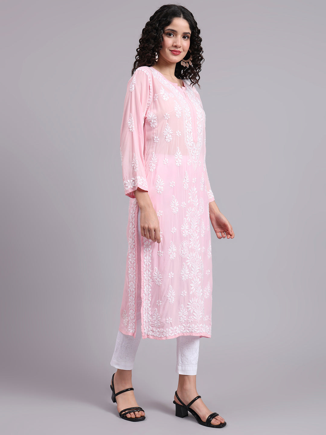 Hand Embroidered Chikankari Modal Straight Kurta- PC4042 Pink