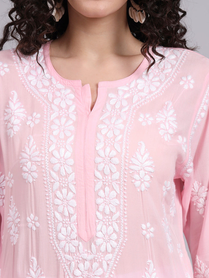 Hand Embroidered Chikankari Modal Straight Kurta- PC4042 Pink