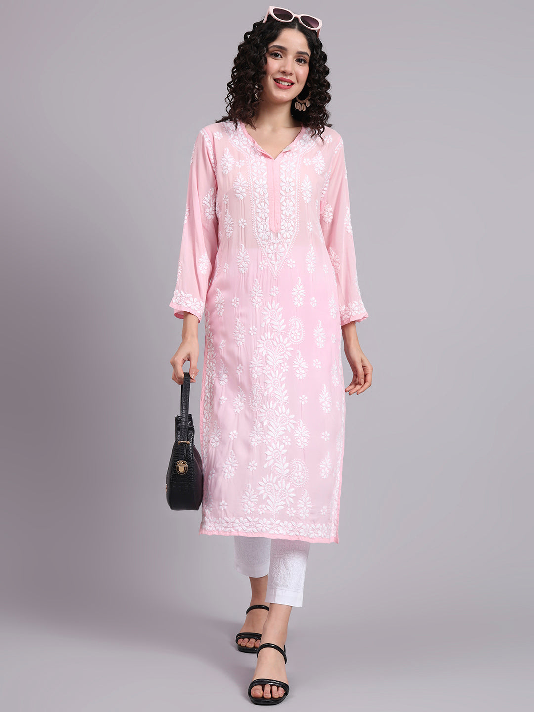 Hand Embroidered Chikankari Modal Straight Kurta- PC4042 Pink