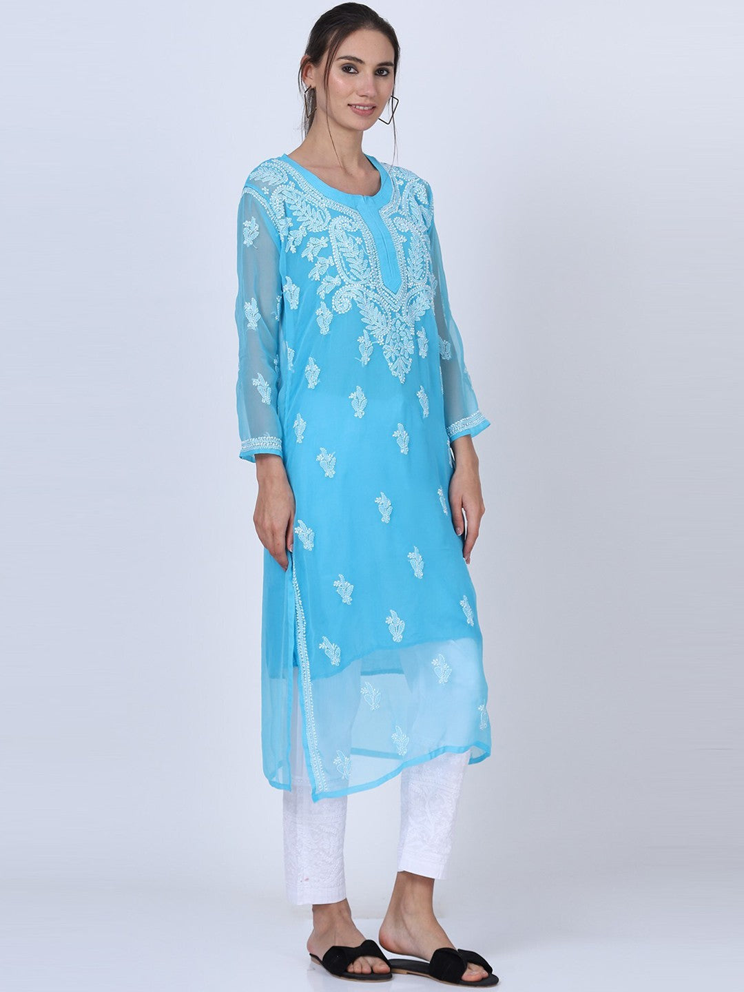 Hand Embroidered Chikankari Georgette straight Kurta with matching slip- PC3487