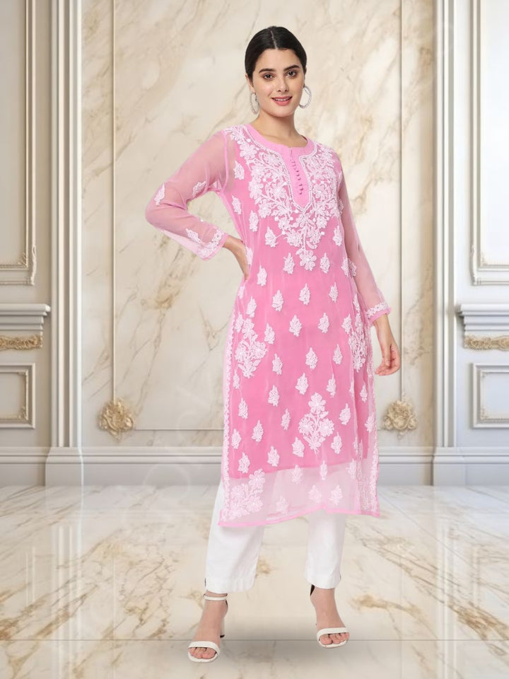 Hand Embroidered Chikankari Georgette Straight Kurta With Matching Slip-PC3560