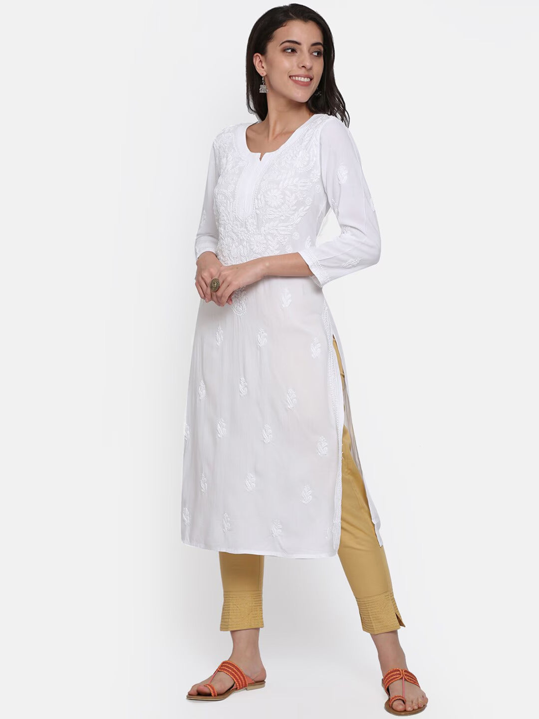 Hand Embroidered White Chikankari Rayon straight Kurta-PC3451