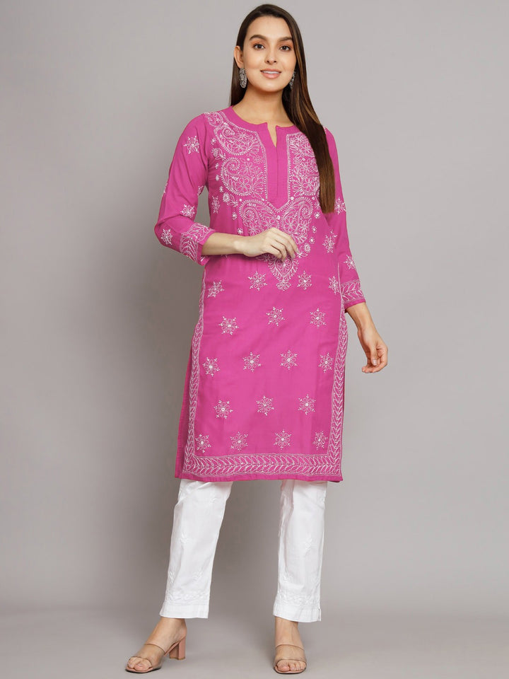 Women Hand Embroidered Cotton Straight Kurta-PC3435