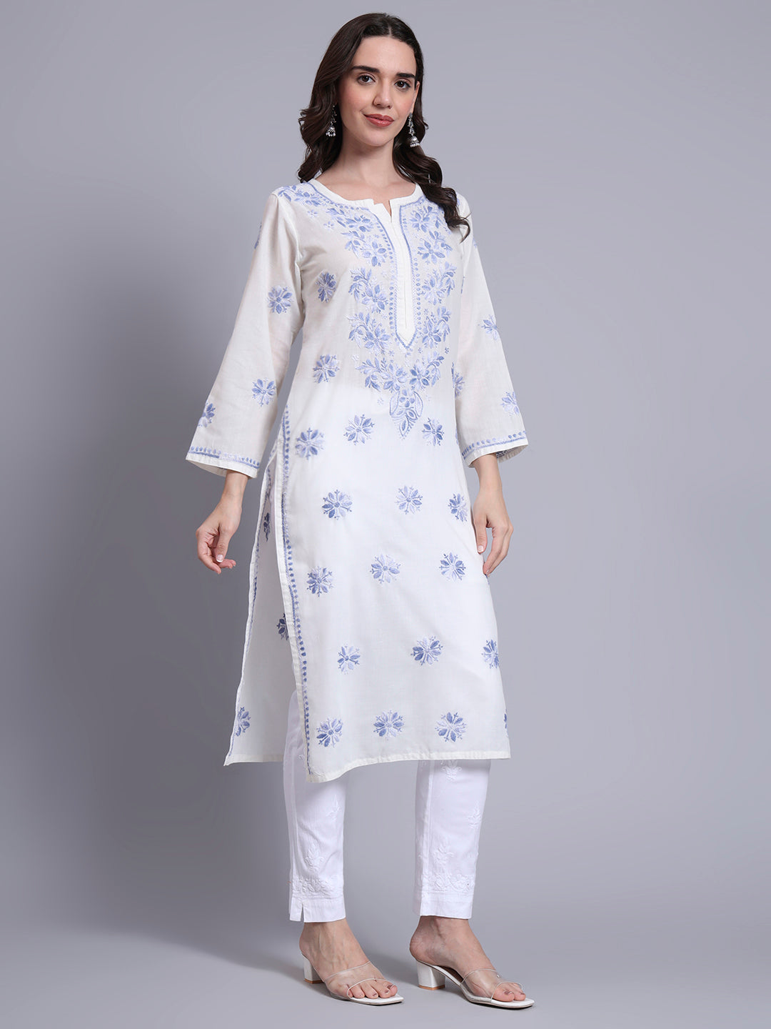 Hand Embroidered Chikankari Mulmul Cotton Straight Kurta- PC4085