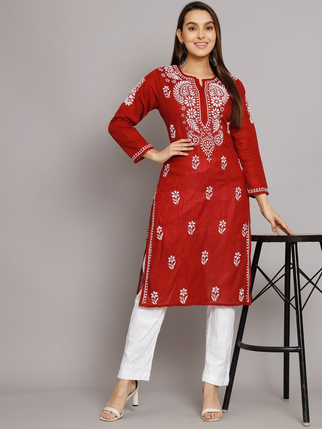 Hand Embroidered Chikankari Cotton Straight Kurta-PC3561