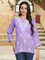 Lavender Chikankari Cotton Kurti – Round Neck