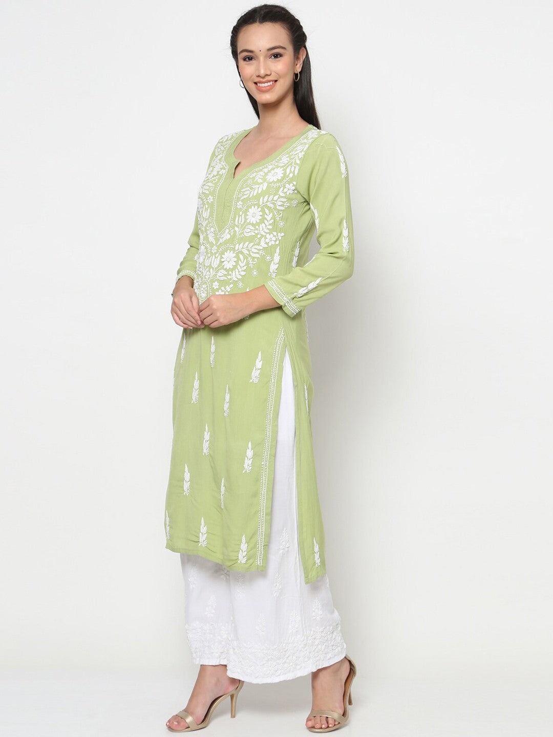 Hand Embroidered White Chikankari Rayon straight Kurta-PC3451