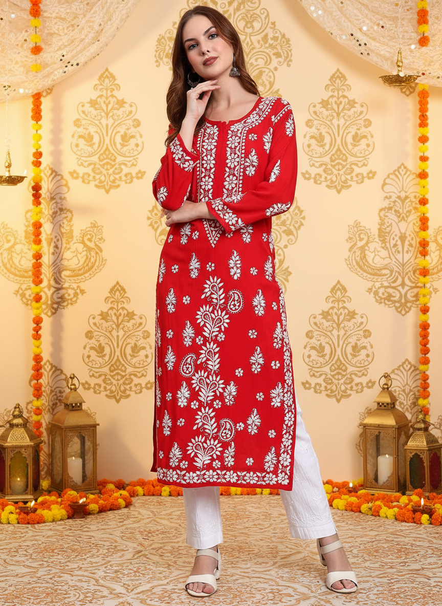 Hand Embroidered Chikankari Modal Straight Kurta- PC4042