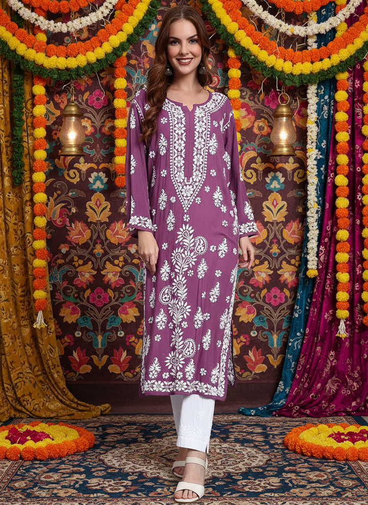Hand Embroidered Chikankari Modal Straight Kurta- PC4042