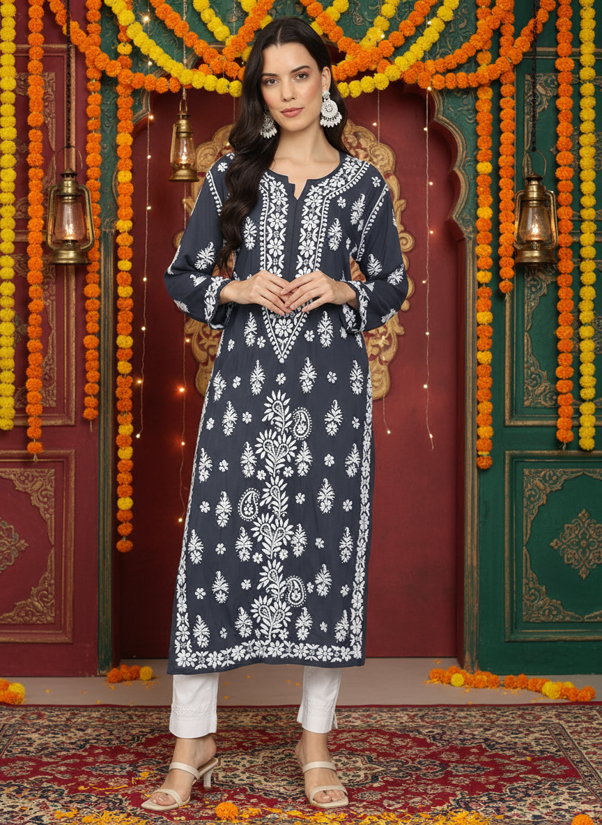 Hand Embroidered Chikankari Modal Straight Kurta- PC4042