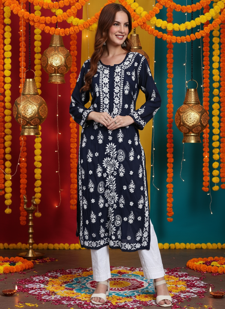 Hand Embroidered Chikankari Modal Straight Kurta- PC4042