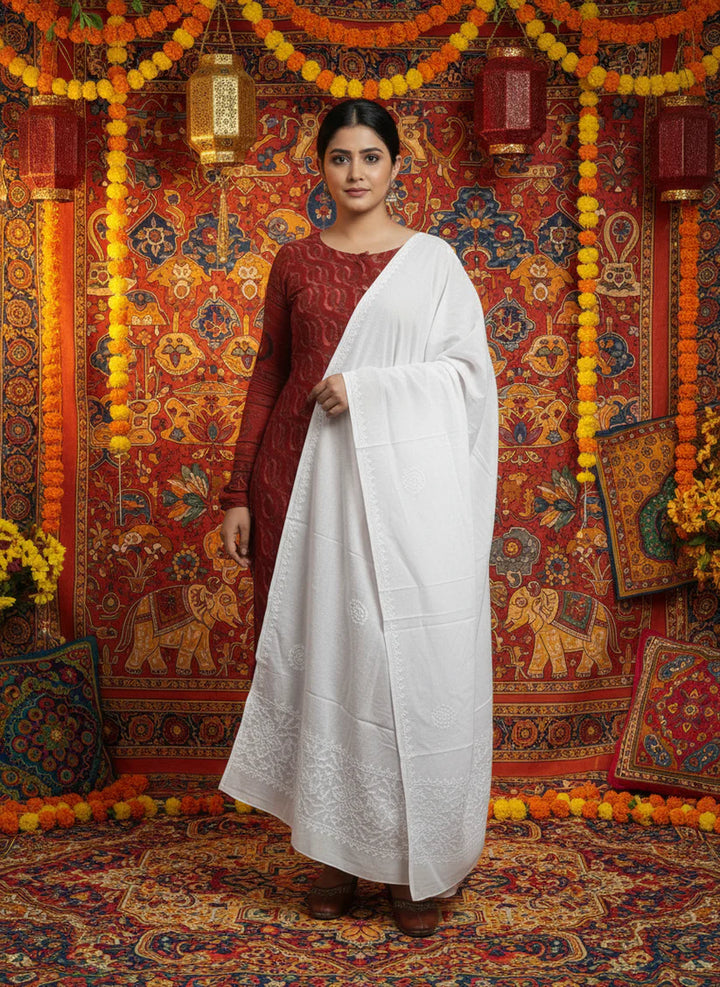 Women Hand Embroidered Cotton Chikankari Dupatta -PC4092