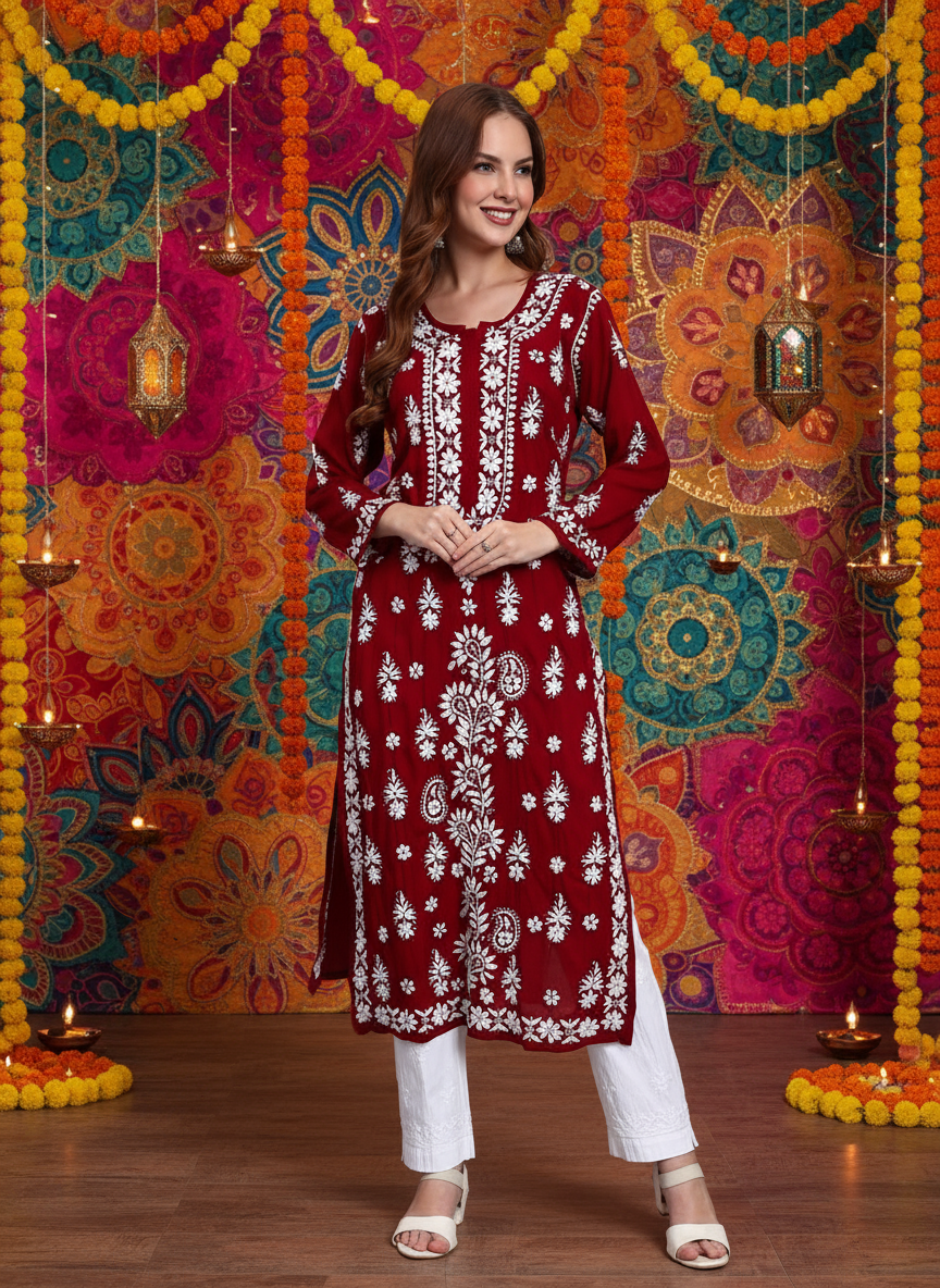 Hand Embroidered Chikankari Modal Straight Kurta- PC4042
