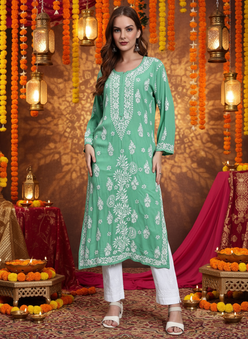 Hand Embroidered Chikankari Modal Straight Kurta- PC4042