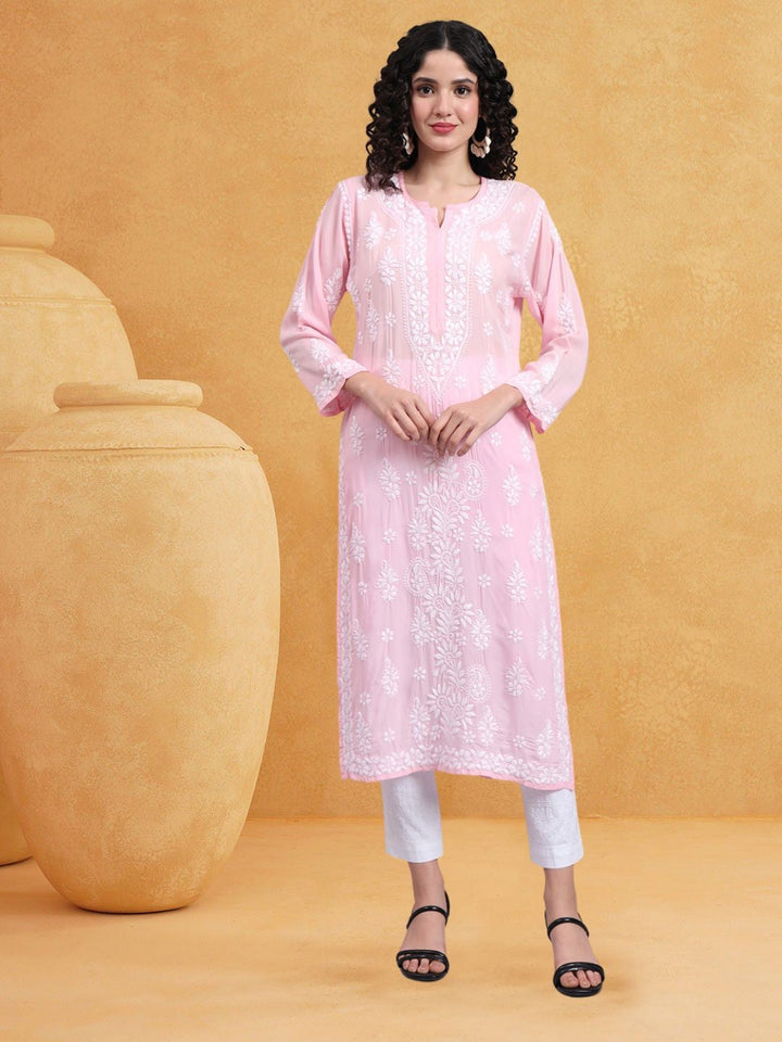 Hand Embroidered Chikankari Modal Straight Kurta- PC4042 Pink