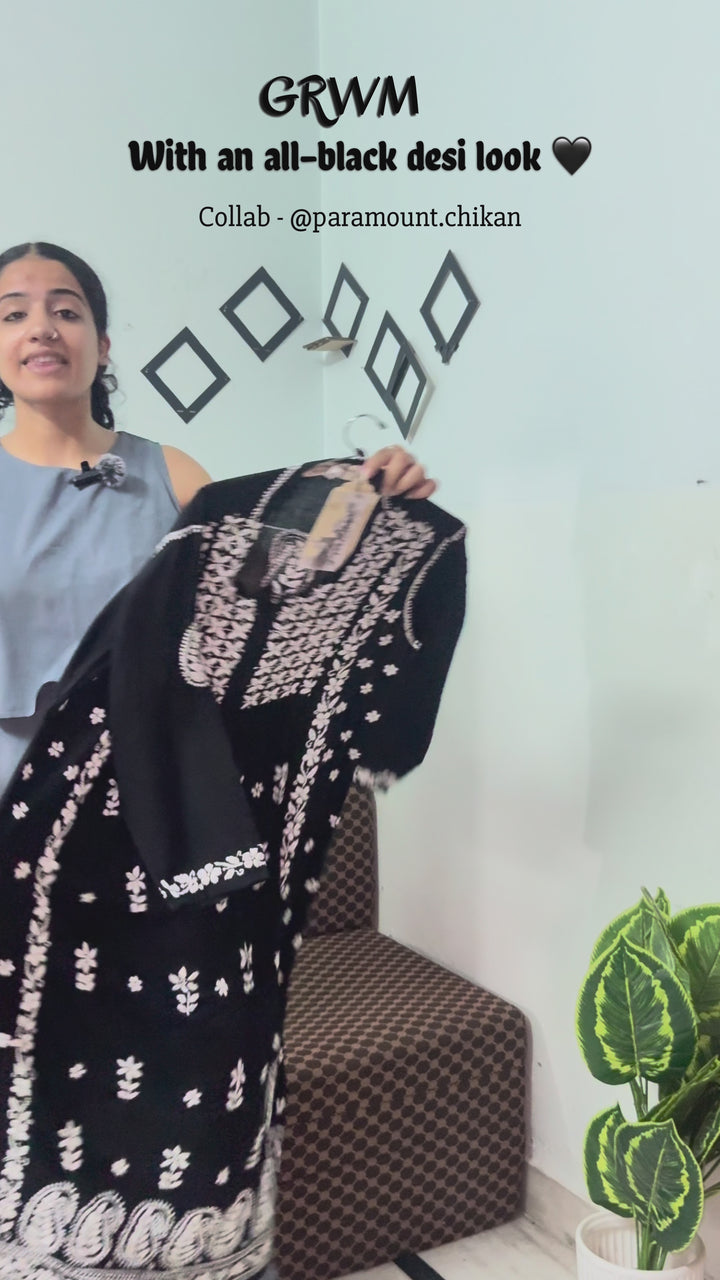 Hand Embroidered Chikankari Modal A-Line Kurta-PC3549 Black