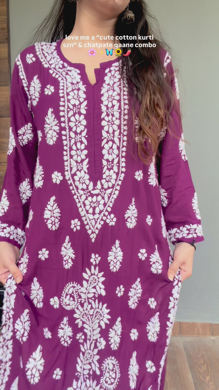 Hand Embroidered Chikankari Modal Straight Kurta- PC4042 Mulberry