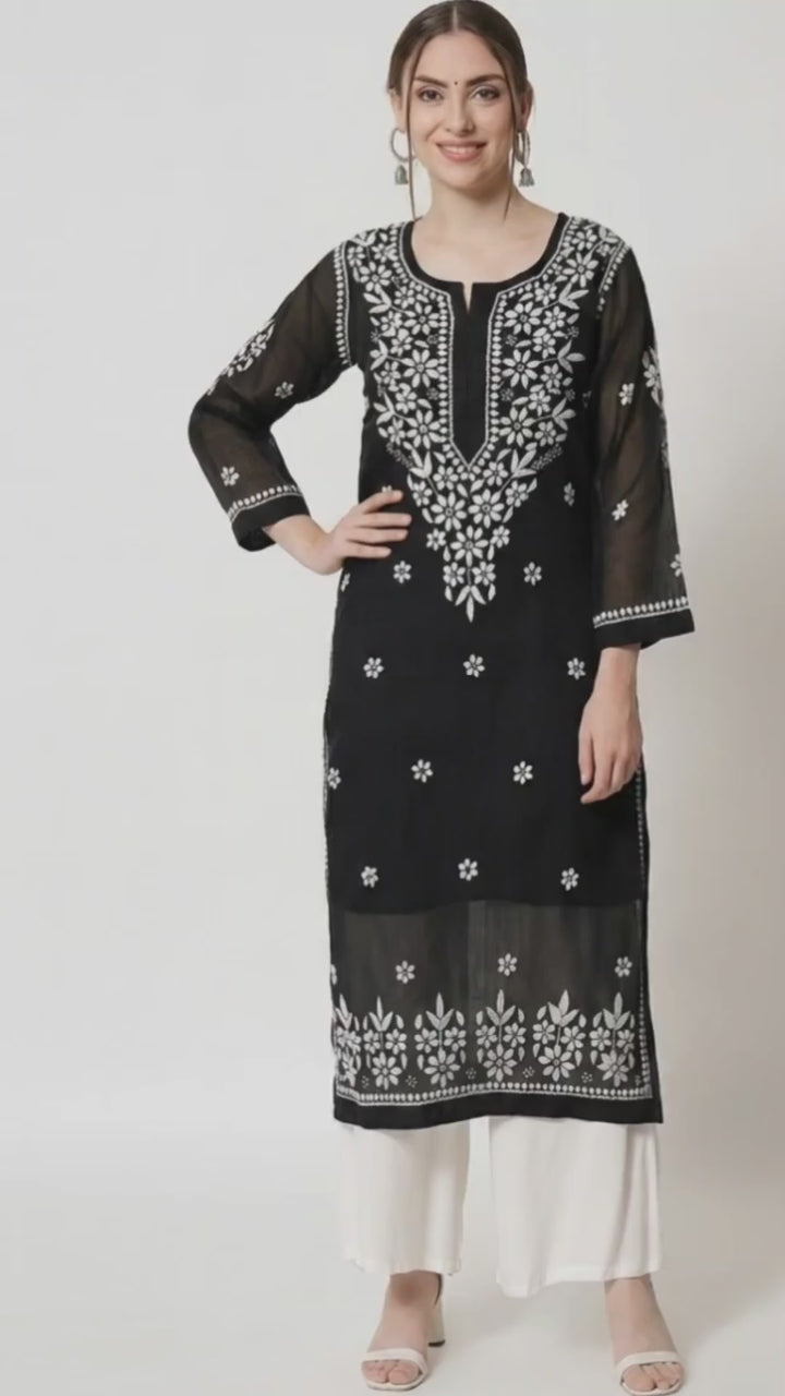 Hand Embroidered Chikankari Kota Cotton straight Kurta with Matching Slip- PC3540 Black