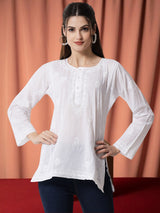 White Ethnic Motifs Sustainable Chikankari Cotton Kurti
