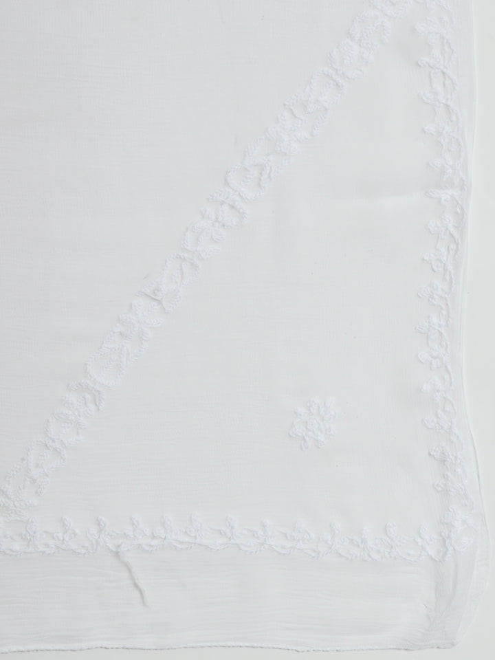 White Ethnic Motifs Embroidered Pure Chiffon  Dupatta with Chikankari-PC3652